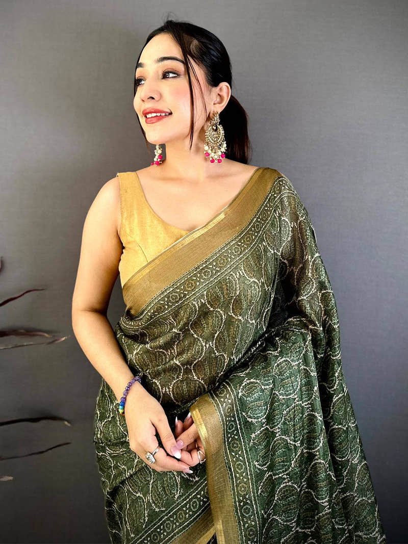Olive Ajrakh Digital Print Kota Saree