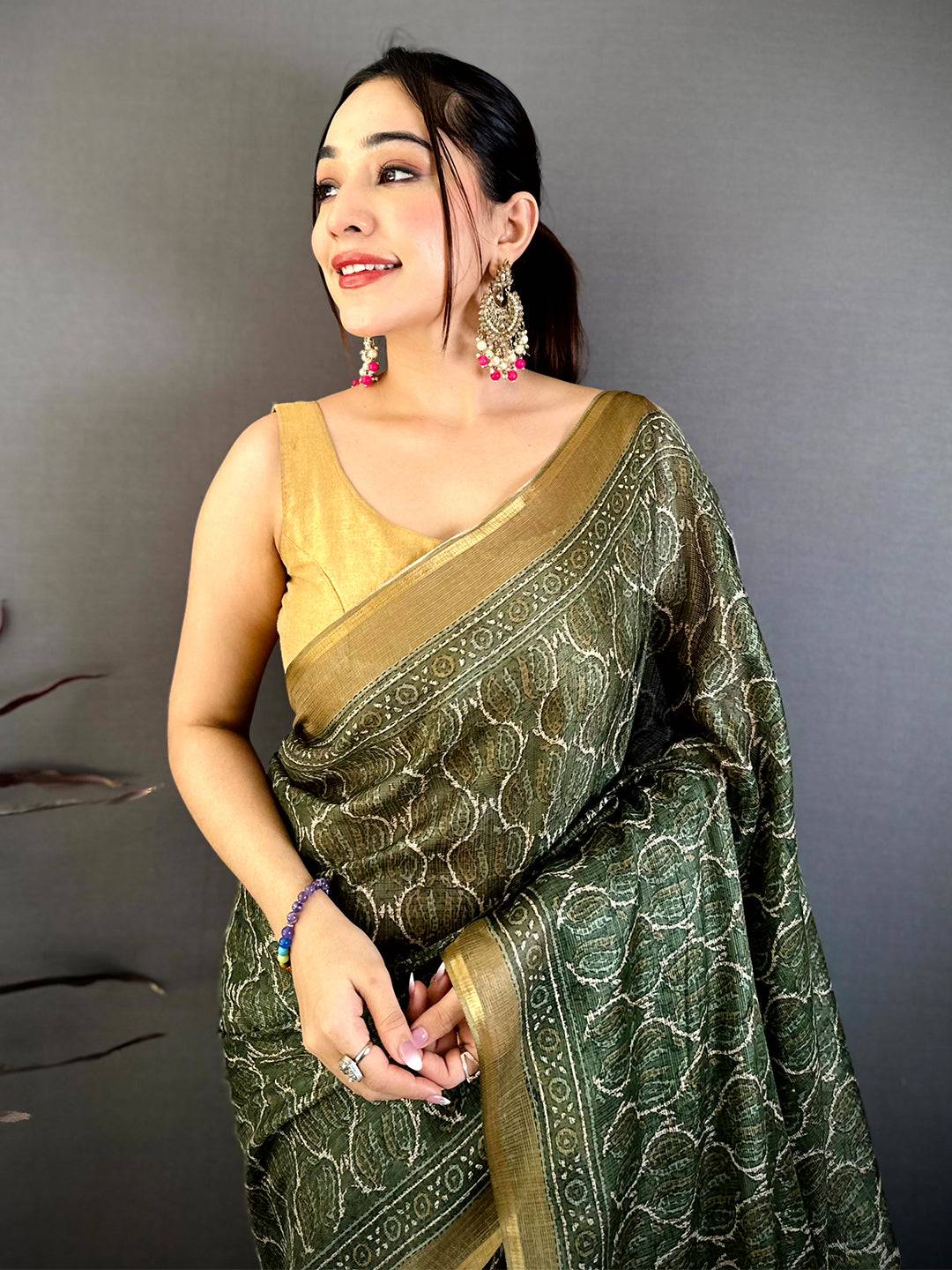 Olive Ajrakh Digital Print Kota Saree