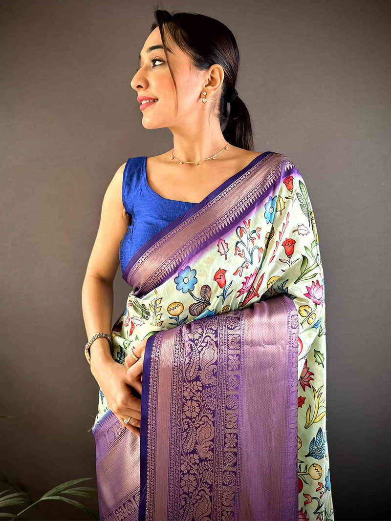 Pista Soft Banarasi Silk Floral Kalamkari Saree