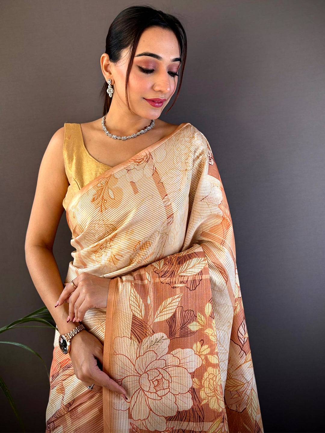 Mustard Tussar Floral Saree