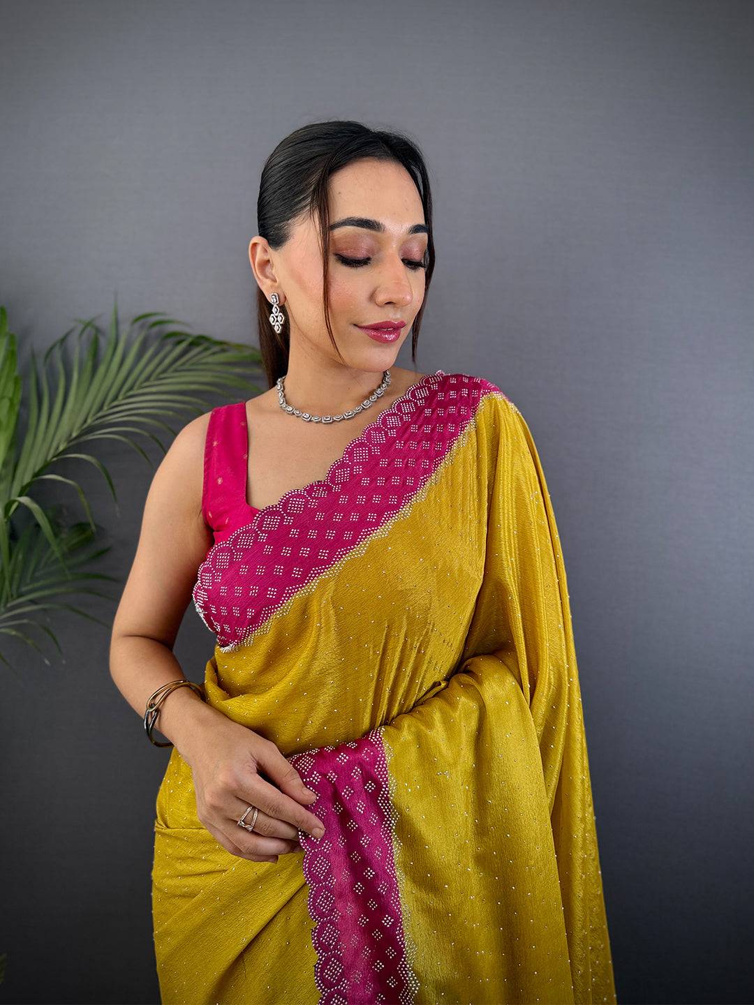 Mustard Poly Chiffon Diamond Stone Work Saree


