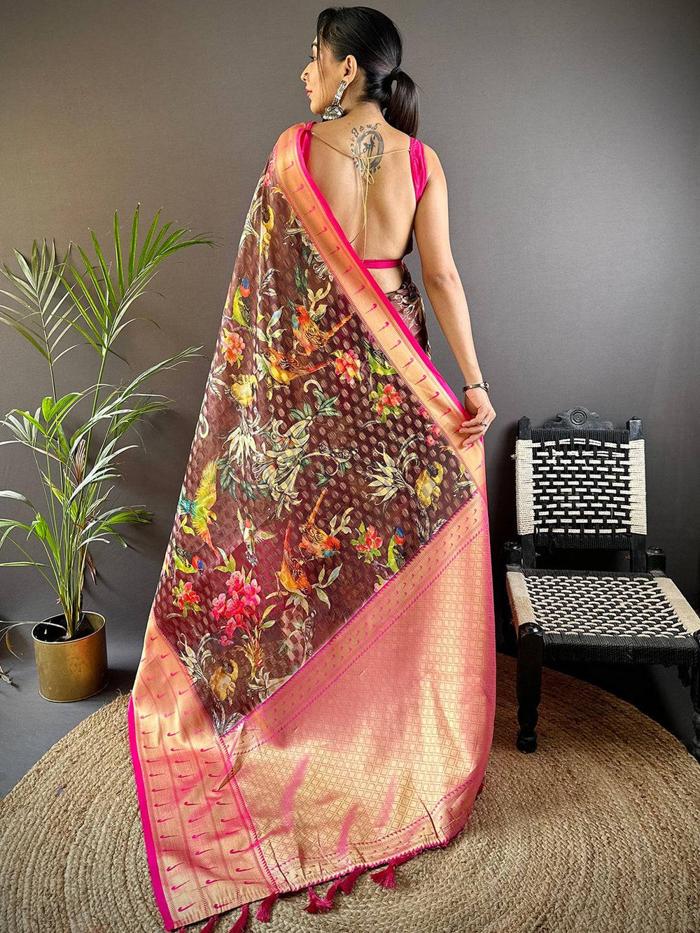 Brown Paithani Kora Silk Saree