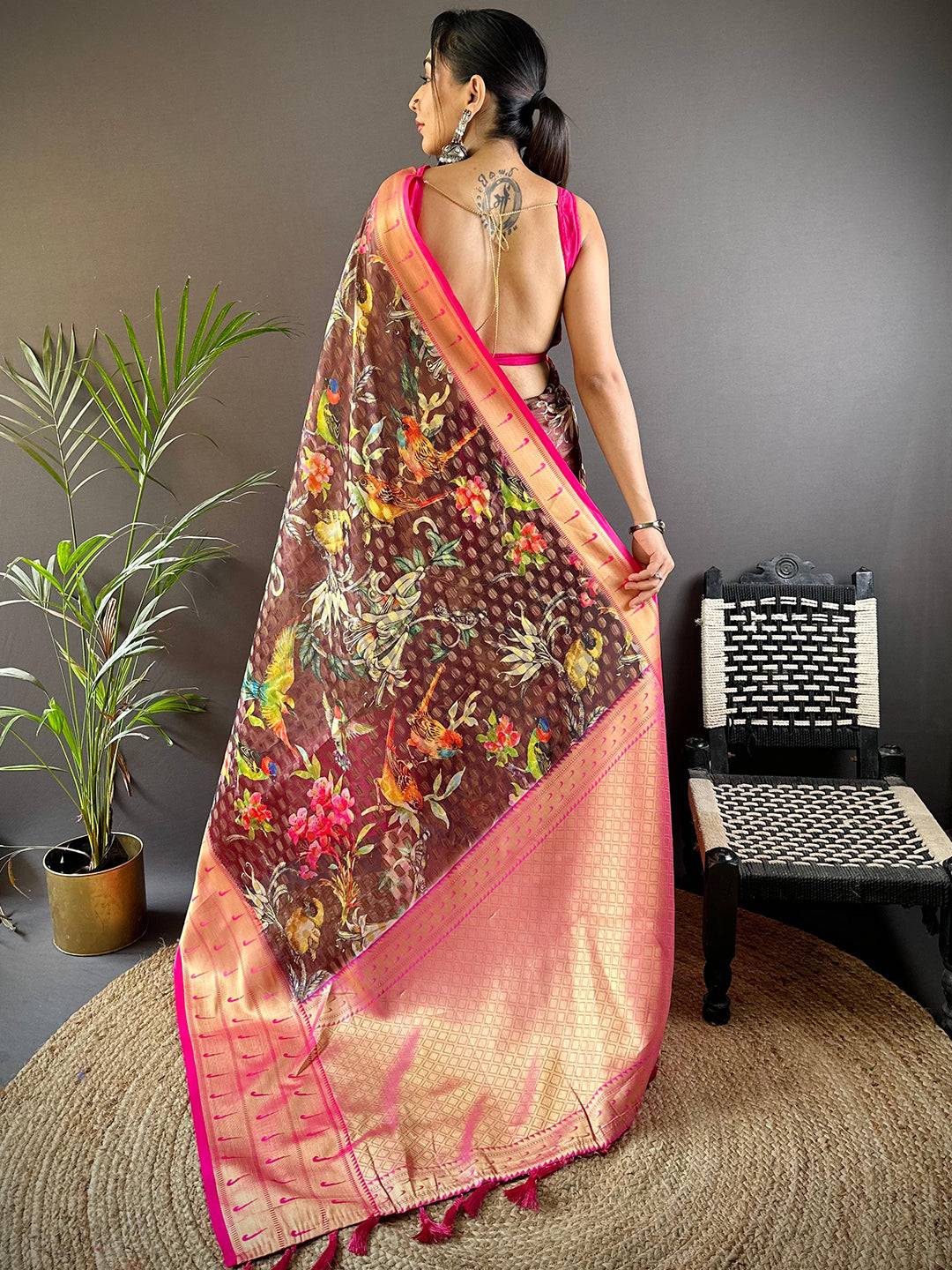 Brown Paithani Kora Silk Saree