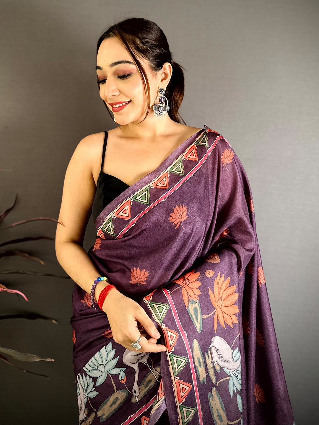 Dark Purple Kalamkari Print Tussar Saree