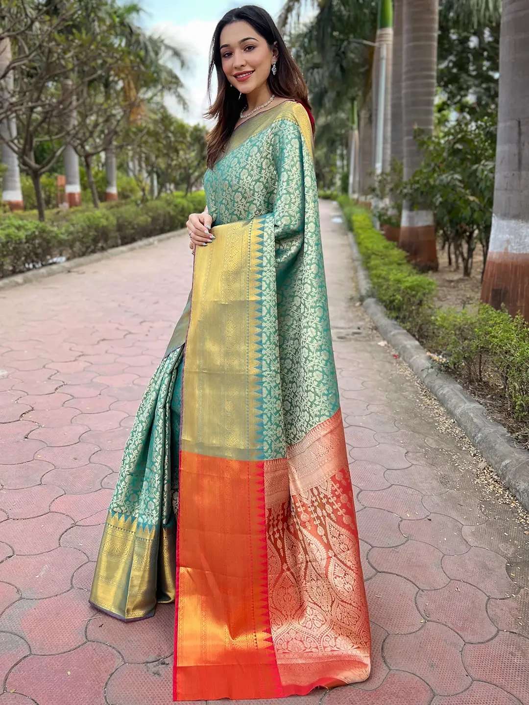  Rama Colour Gold Tissue Saree with Jacquard Woven Work