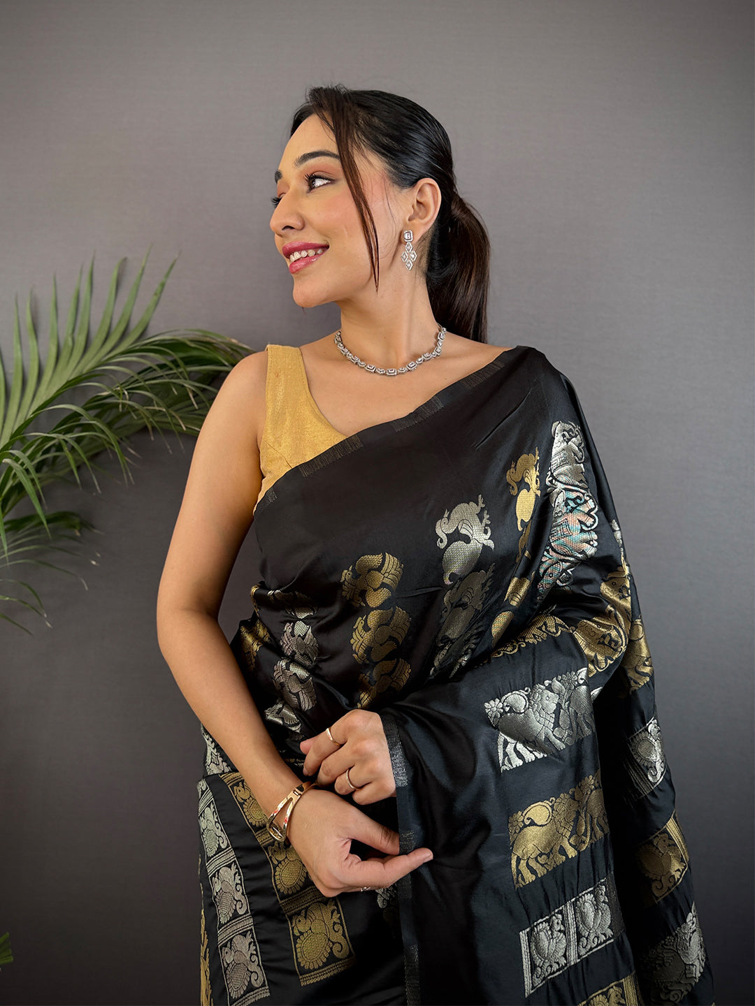 Black Soft Silk Sona Chandi Zari Weaving Saree
