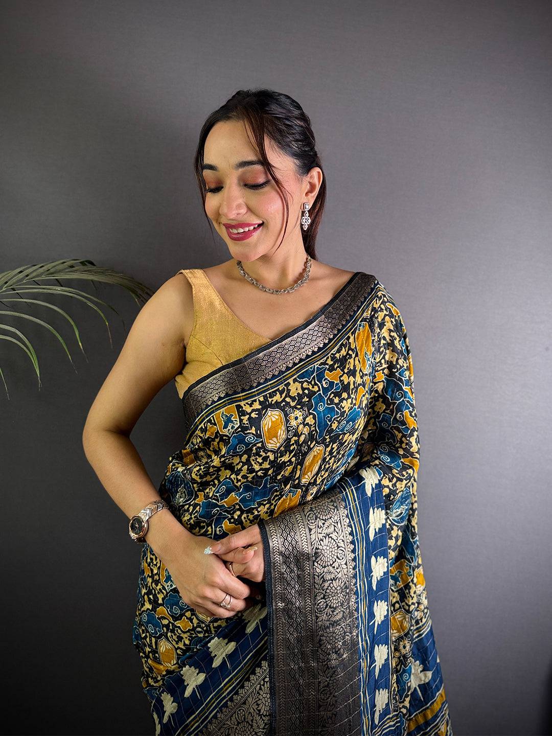 Ink Blue Ajrak Print Viscose Saree