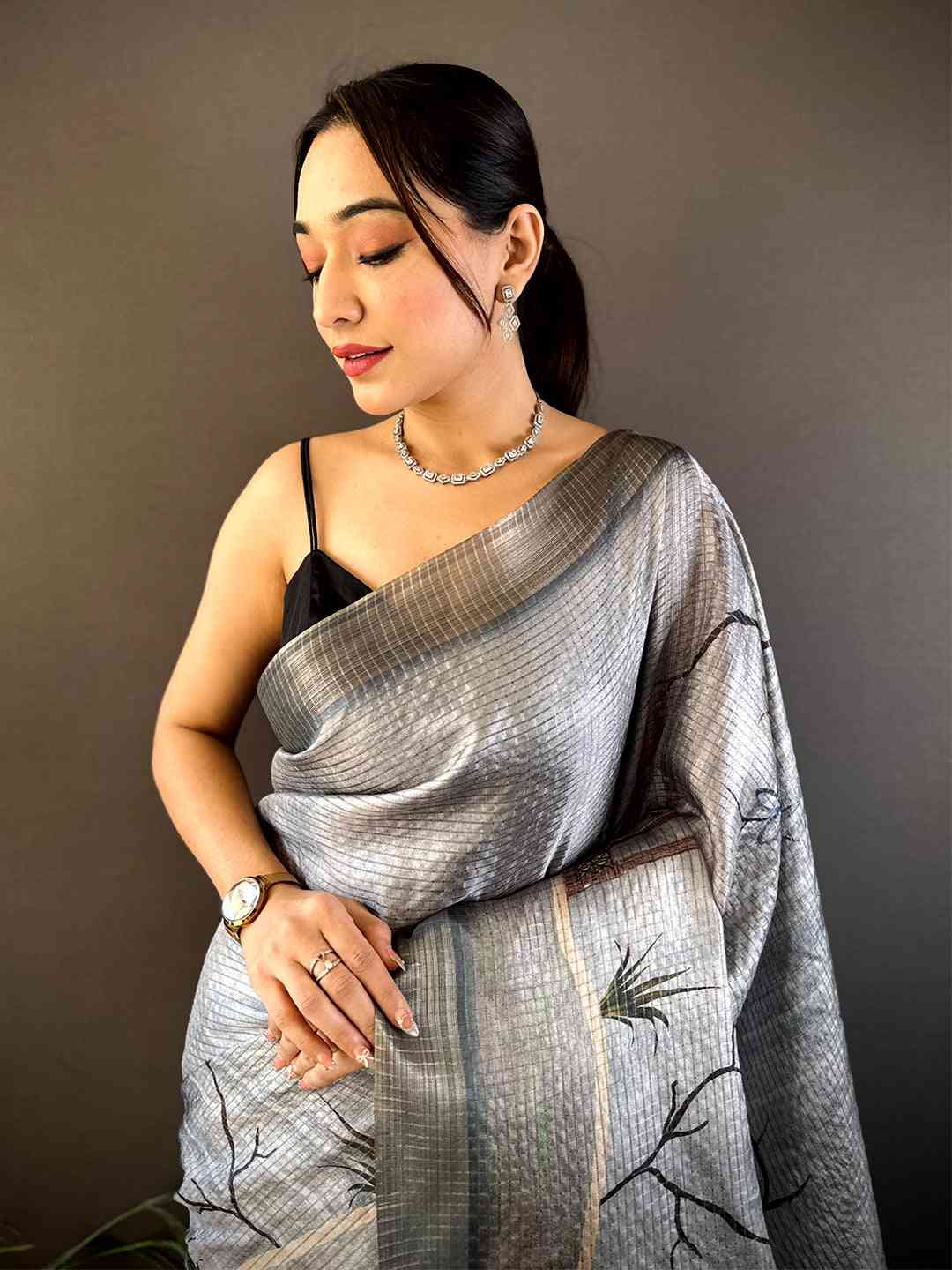 Slate Grey Tissue Chanderi Japanese Print Saree