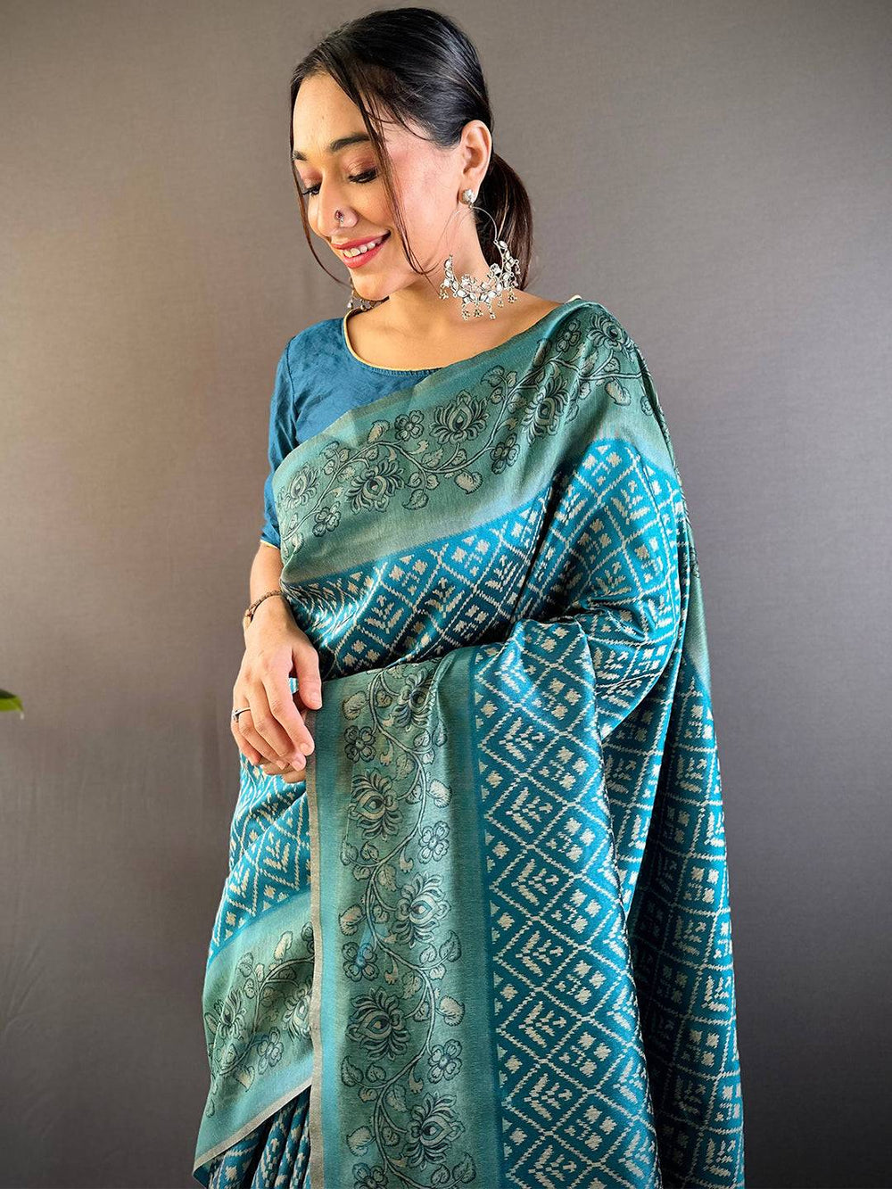 Teal Patola Kalamkari Saree