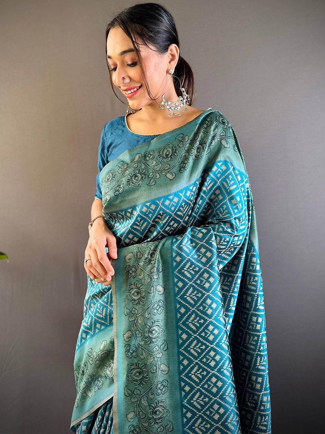 Teal Patola Kalamkari Saree