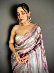 Chiffon Striped Print Diamond Work Saree