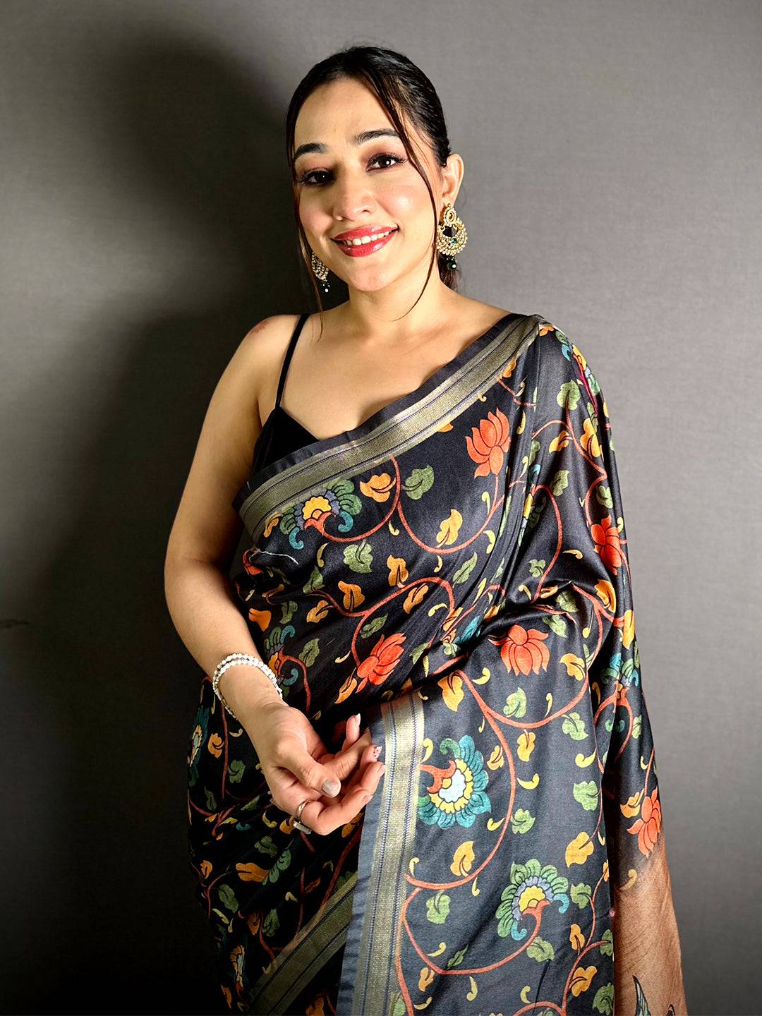 Soft Silk Kalamkari Gaji Lakda Patta Saree