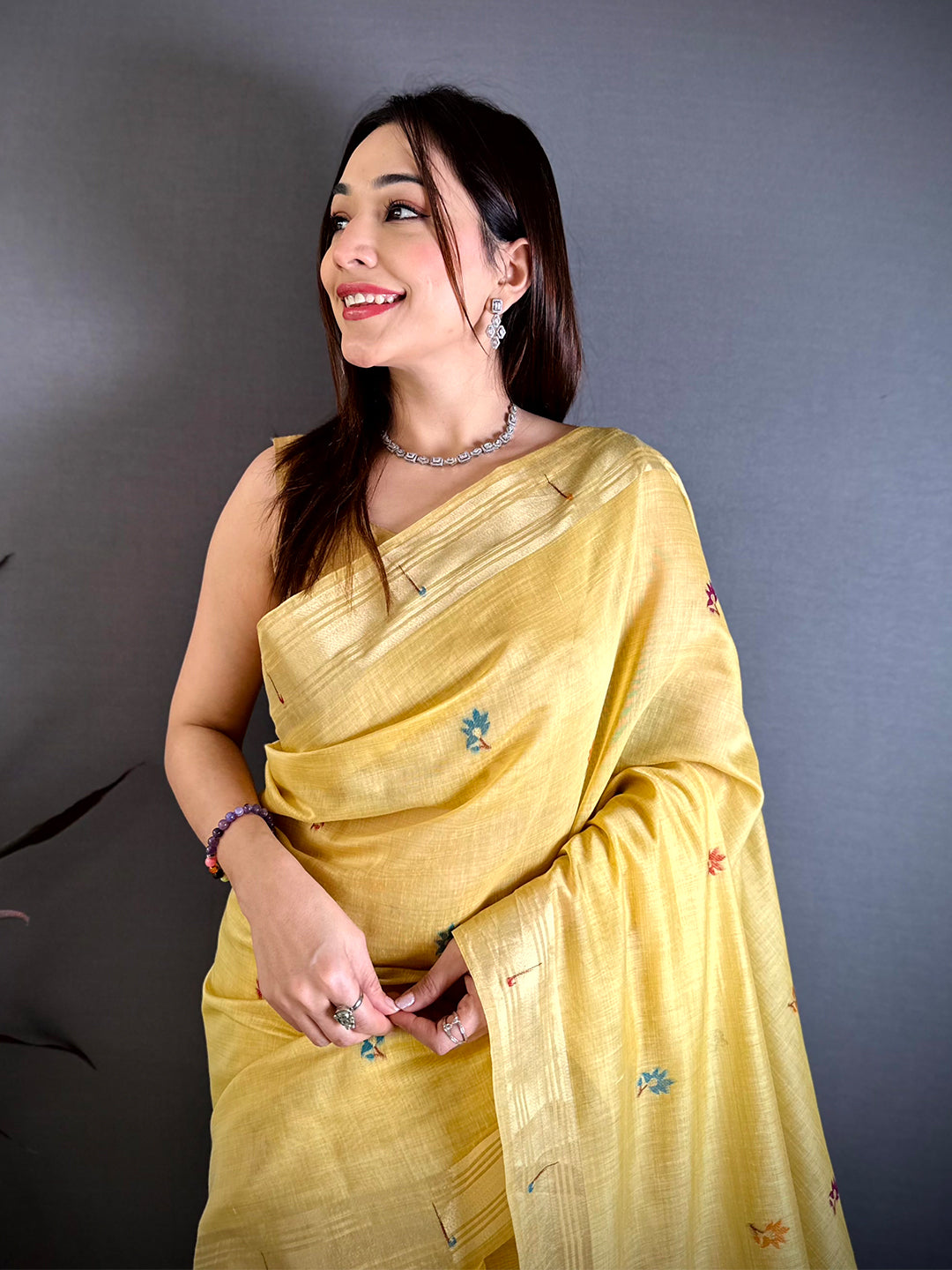 Yellow Munia Minakari Khadi Saree 