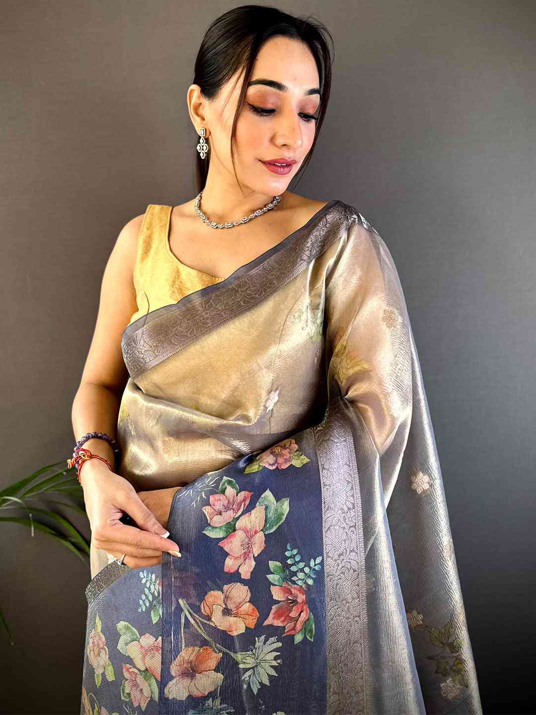Blue Tissue Digital Floral Saree