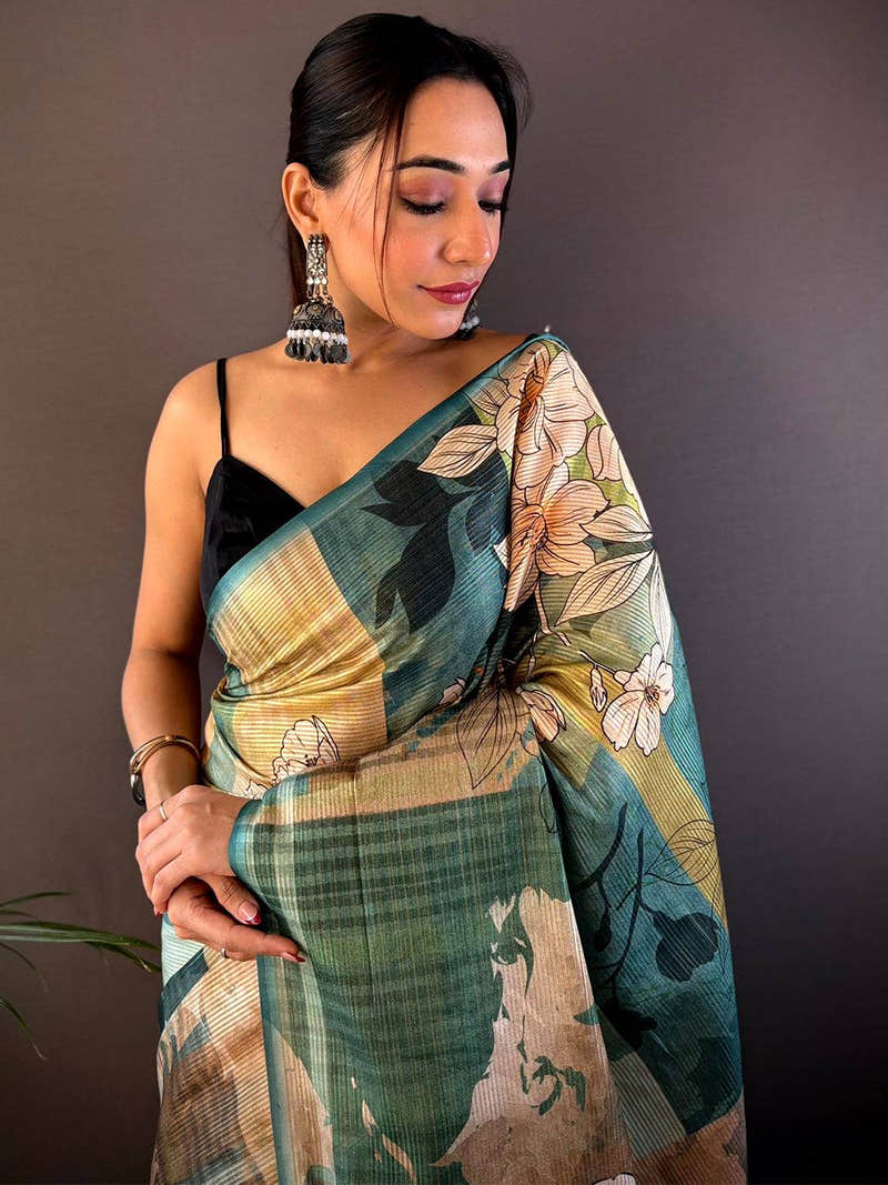 Teal Blue Semi-Gold Zari Abstract Tussar Saree