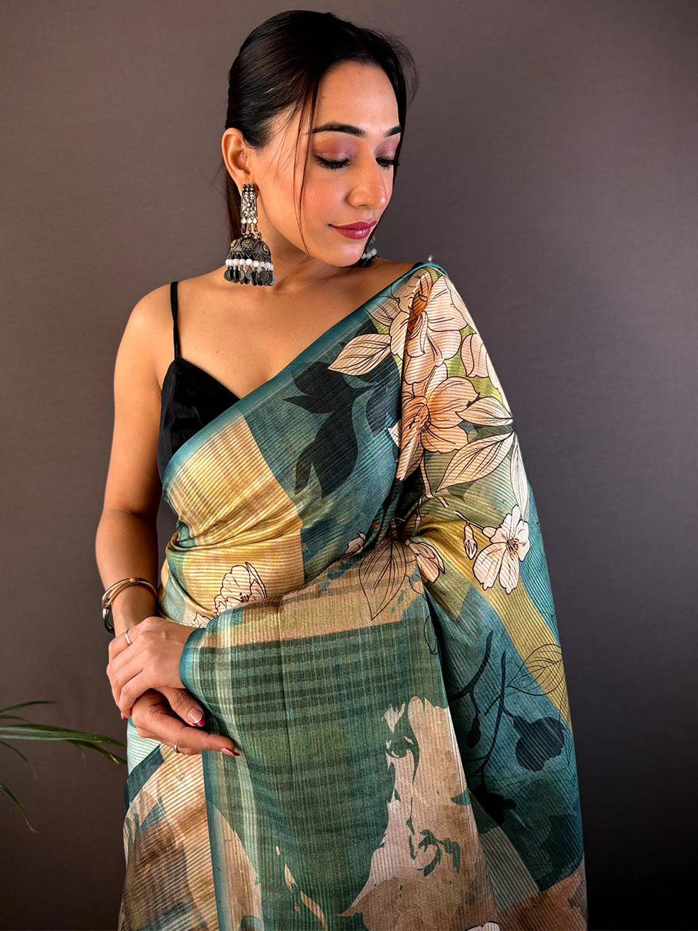 Teal Blue Semi-Gold Zari Abstract Tussar Saree