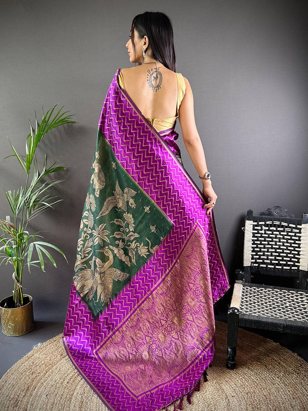 Wine Heritage Weave Kalamkari Soft Silk Saree

