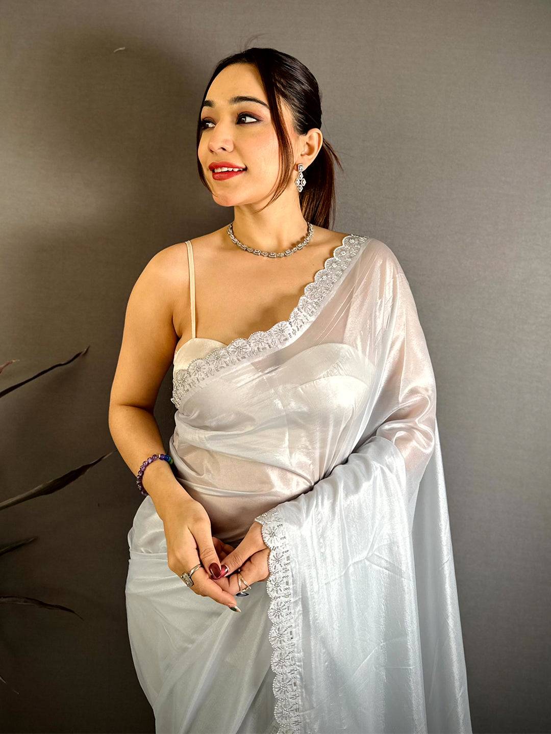 Opulent Silver Glass Swarovski Silk Saree