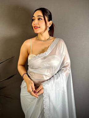 Opulent Silver Glass Swarovski Silk Saree