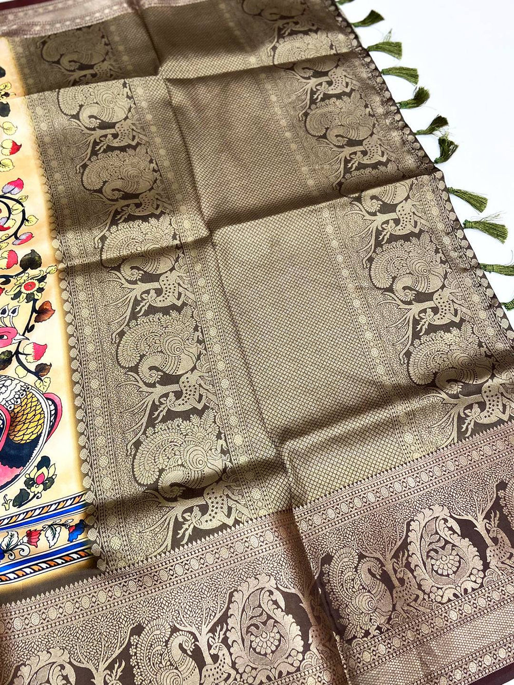 Olive Kalamkari Digital Print Pattu Saree