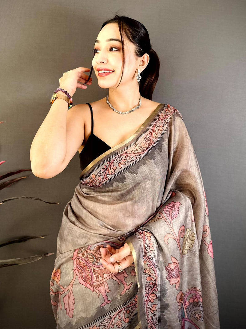 Grey Vintage Pen Kalamkari Chanderi Saree
