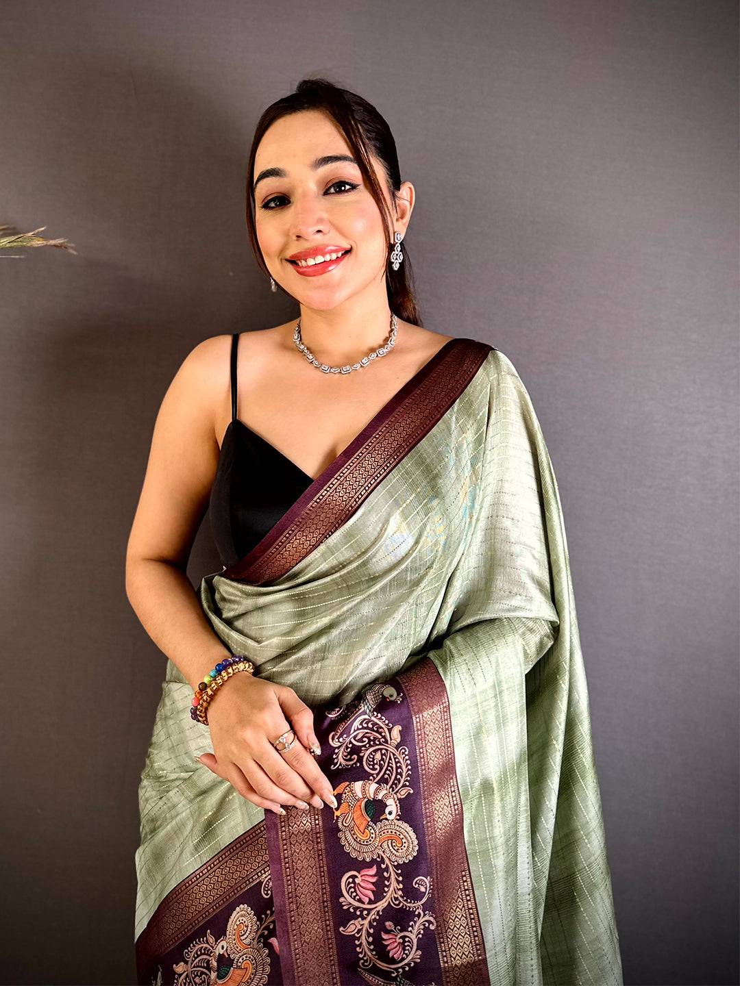 Sage Green Shibori Print Semi Silk Saree
