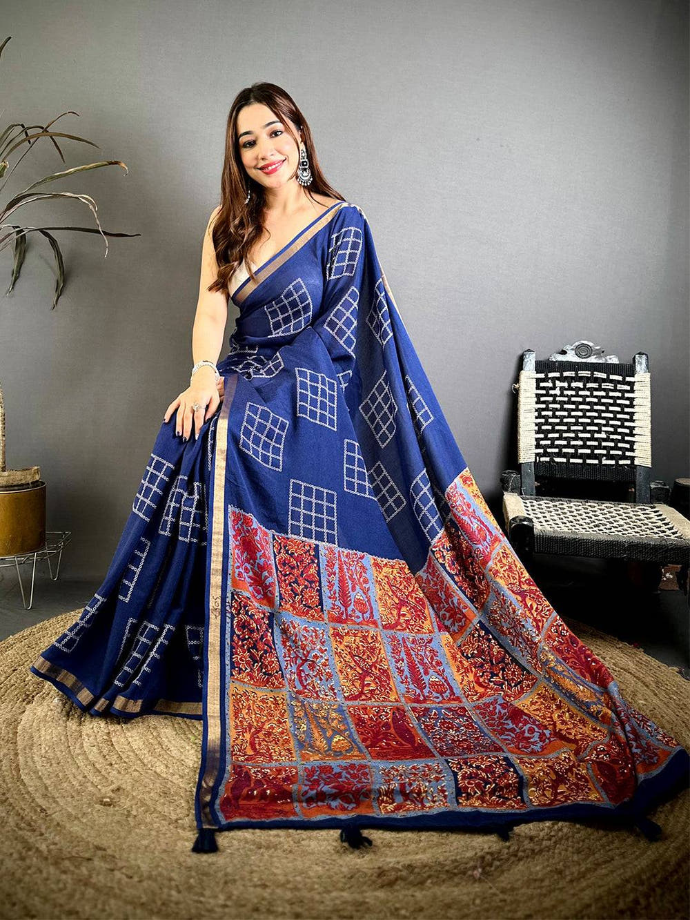 Navy Mul Cotton Kalamkari Print Pallu Saree