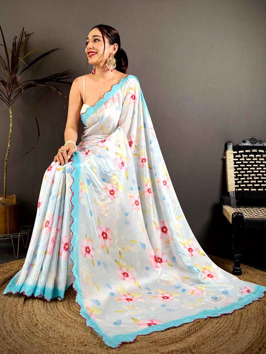 Off White Chinnon Embroidered Border Saree