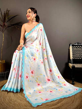 Off White Chinnon Embroidered Border Saree