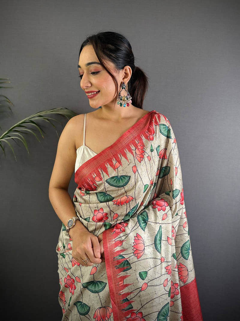 Beige Pichwai Print Tussar Silk Saree