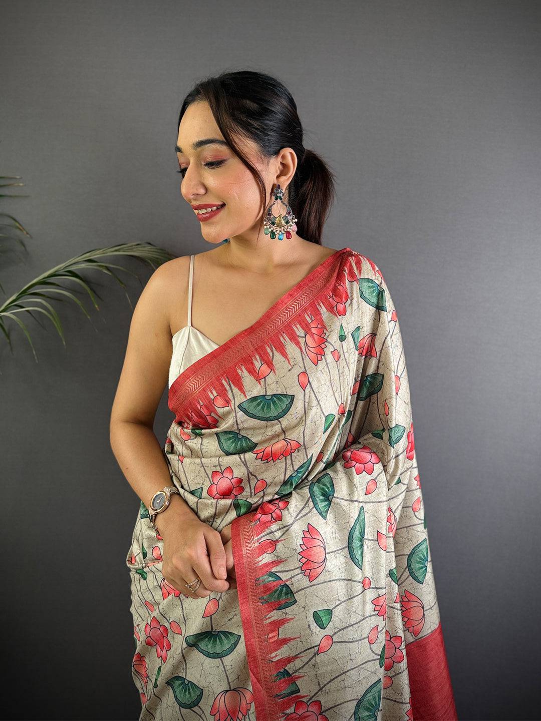 Beige Pichwai Print Tussar Silk Saree

