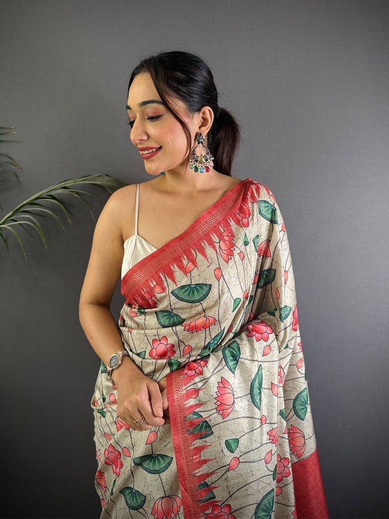 Beige Pichwai Print Tussar Silk Saree

