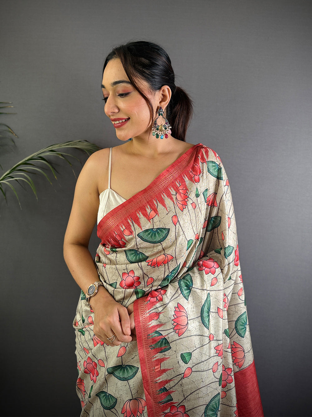 Beige Pichwai Print Tussar Silk Saree