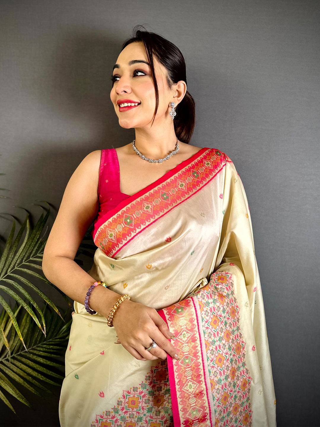 Cream Double Ikat Soft Silk Saree