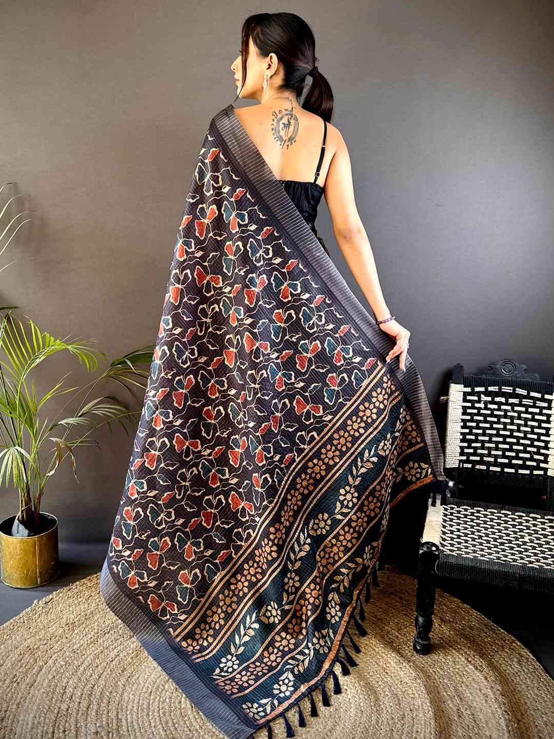 Black Chex Kalamkari Print Saree