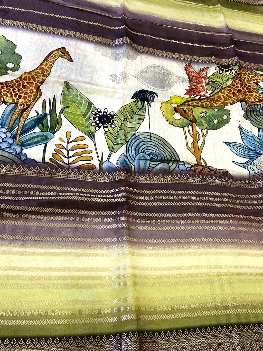 Stylish Soft Silk Kalamkari Zari Stripe Saree