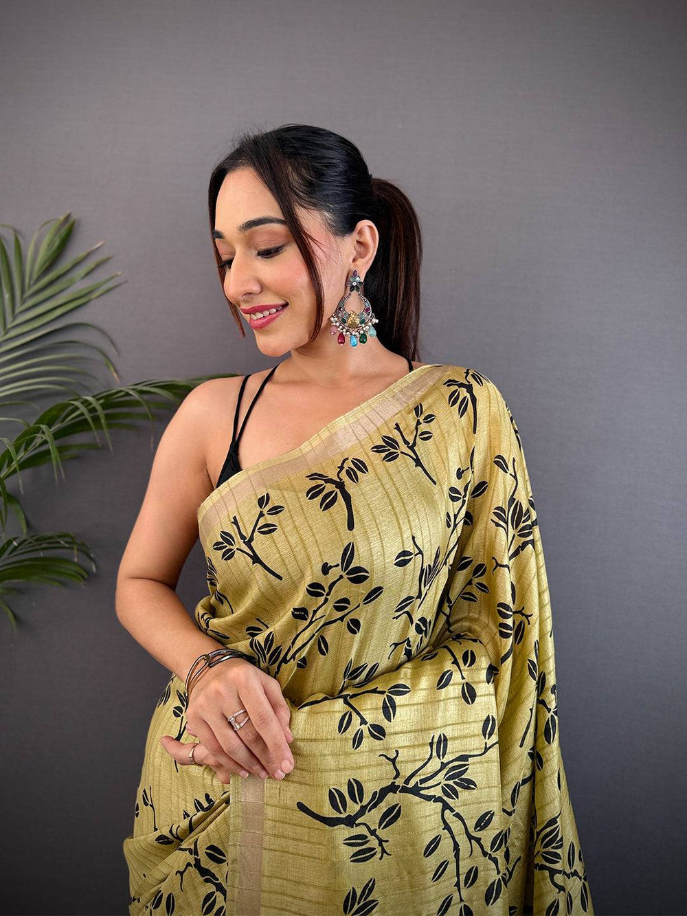 Mustard Yellow Ghicha Leaf Print Saree