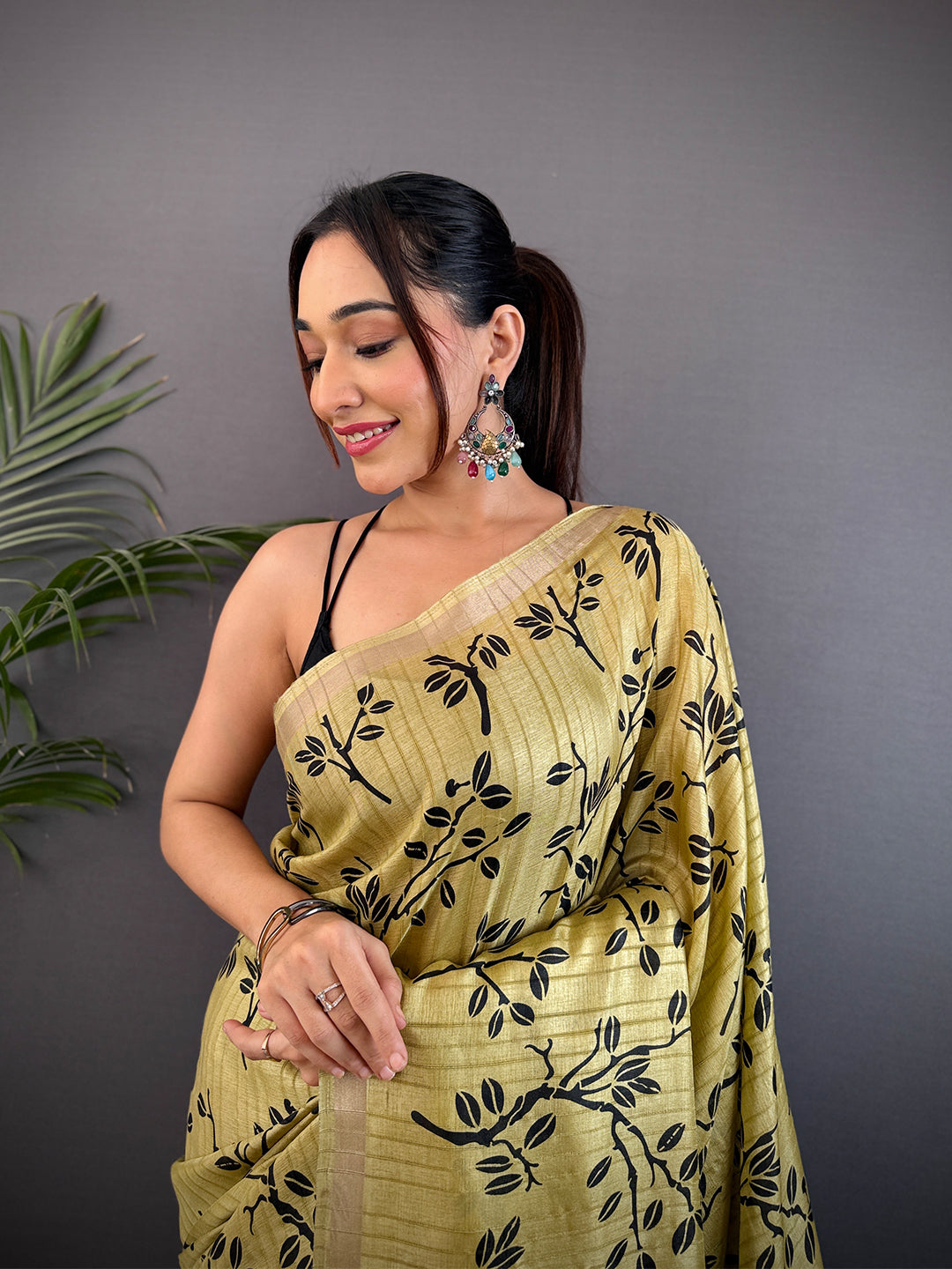 Mustard Yellow Ghicha Leaf Print Saree