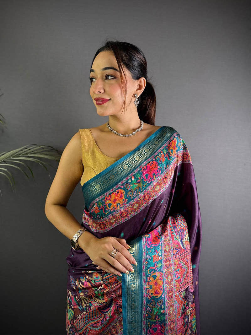 Wine Soft Silk Pashmina Kashmiri Print Saree