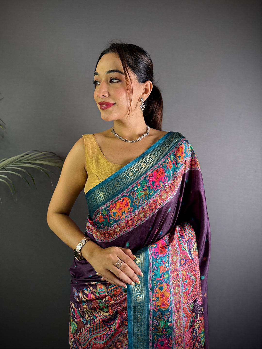 Wine Soft Silk Pashmina Kashmiri Print Saree