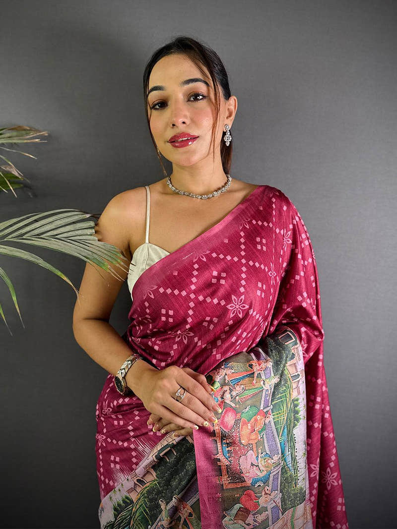 Magenta Kalamkari Digital Printed Saree