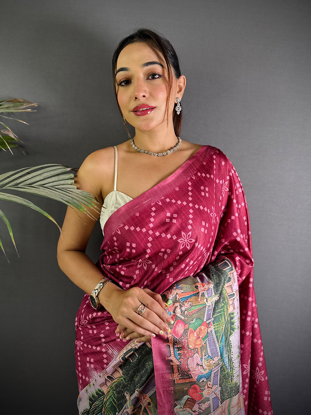 Magenta Kalamkari Digital Printed Saree