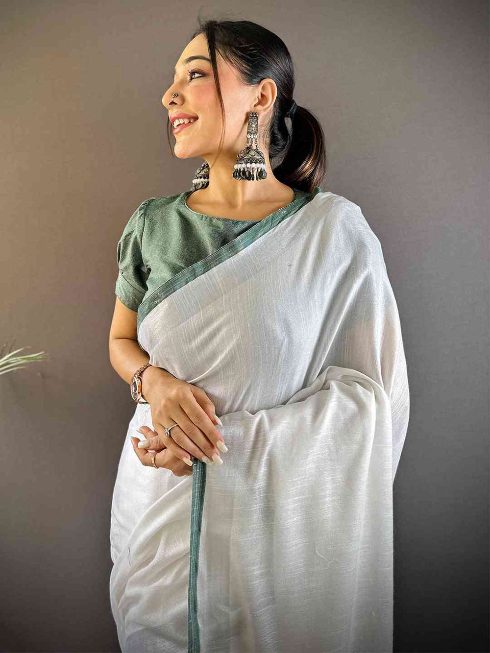 Bhagalpuri Linen Saree With Green Colour Small Patti