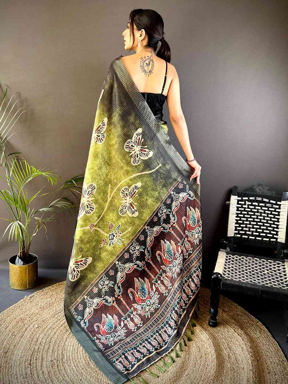 Olive Tissue Chanderi Digital Check Saree