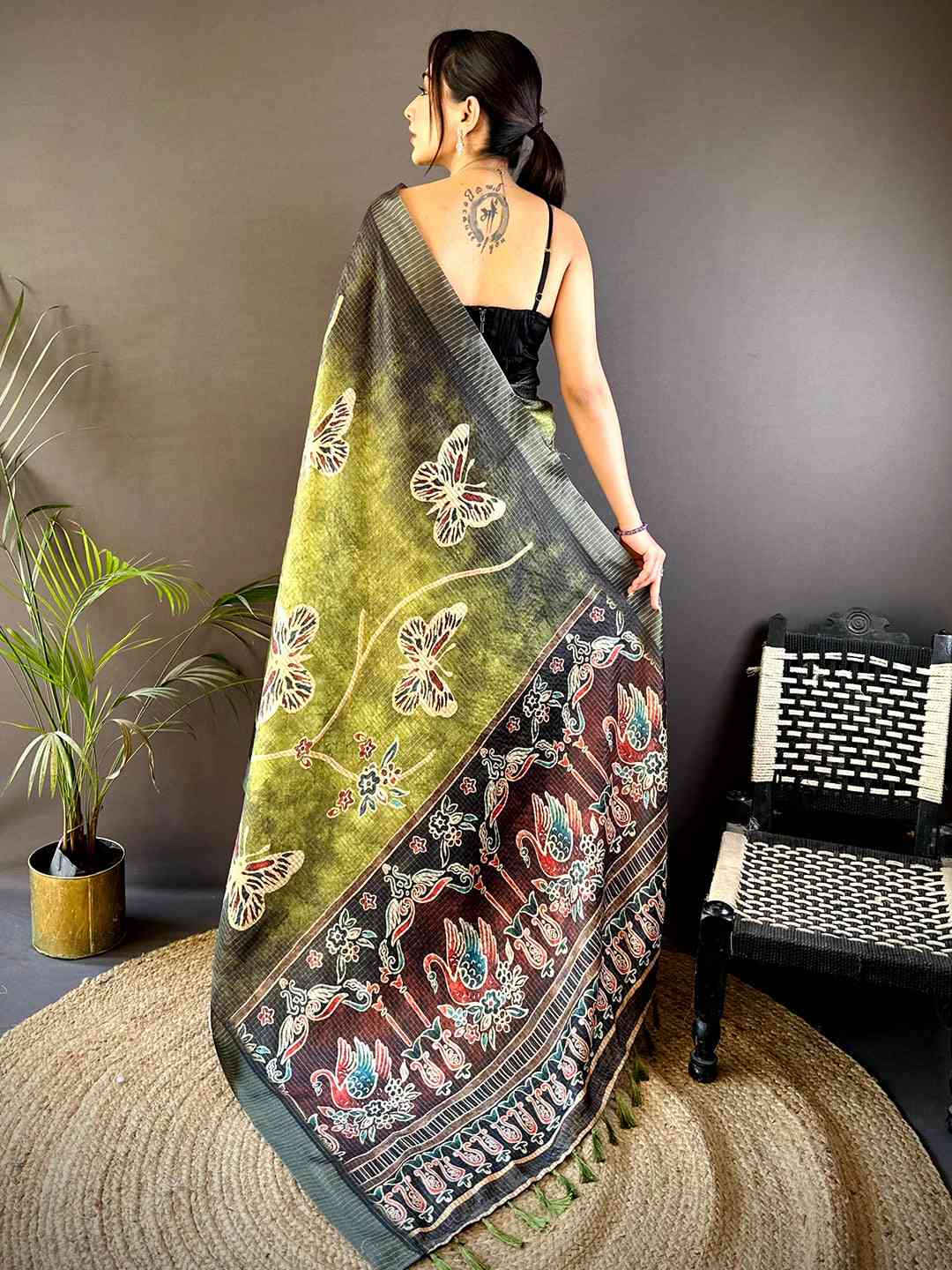 Olive Tissue Chanderi Digital Check Saree
