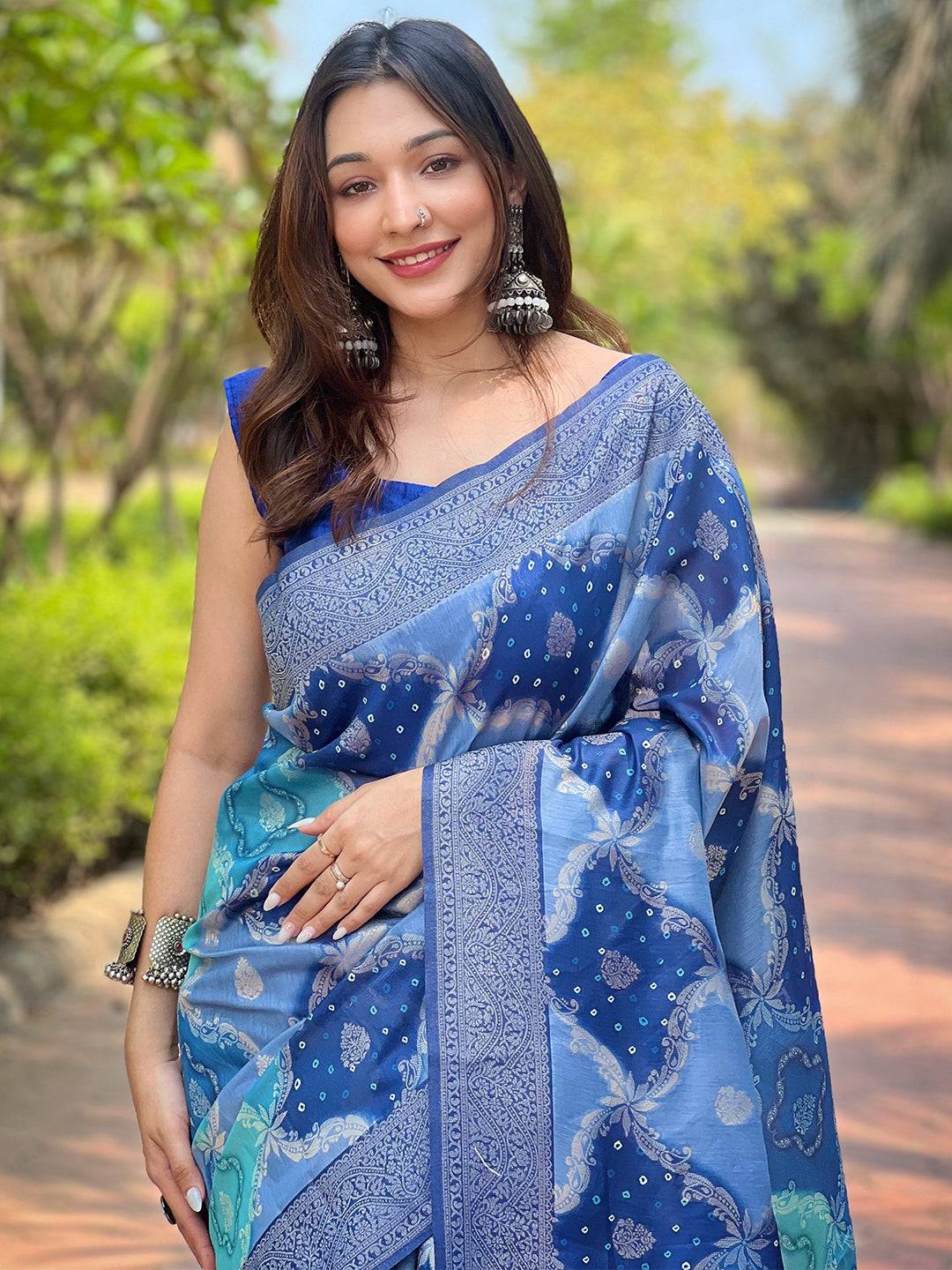 Blue Digital Block Placement Print Saree with intricate design