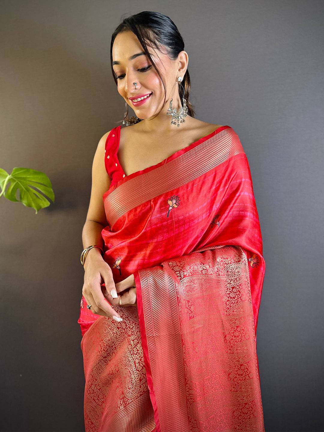 Blush Pink Charry Satin Floral Saree
