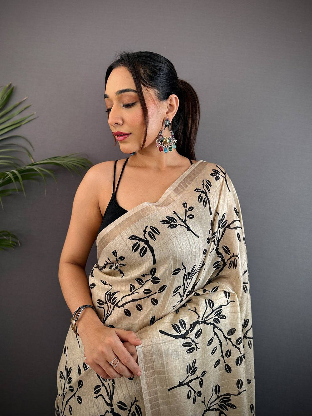 Cream Ghicha Leaf Print Saree