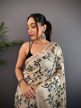 Cream Ghicha Leaf Print Saree