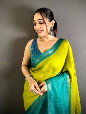 Lime Soft Kota Crepe Contrast Border Saree